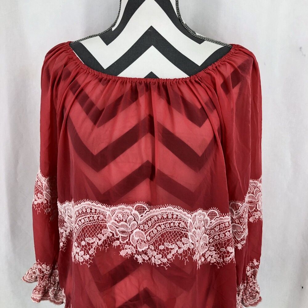 Freeway Salmon Sheer Embroidered Floral Long Sleeve Elastic Neck Tunic Top Small